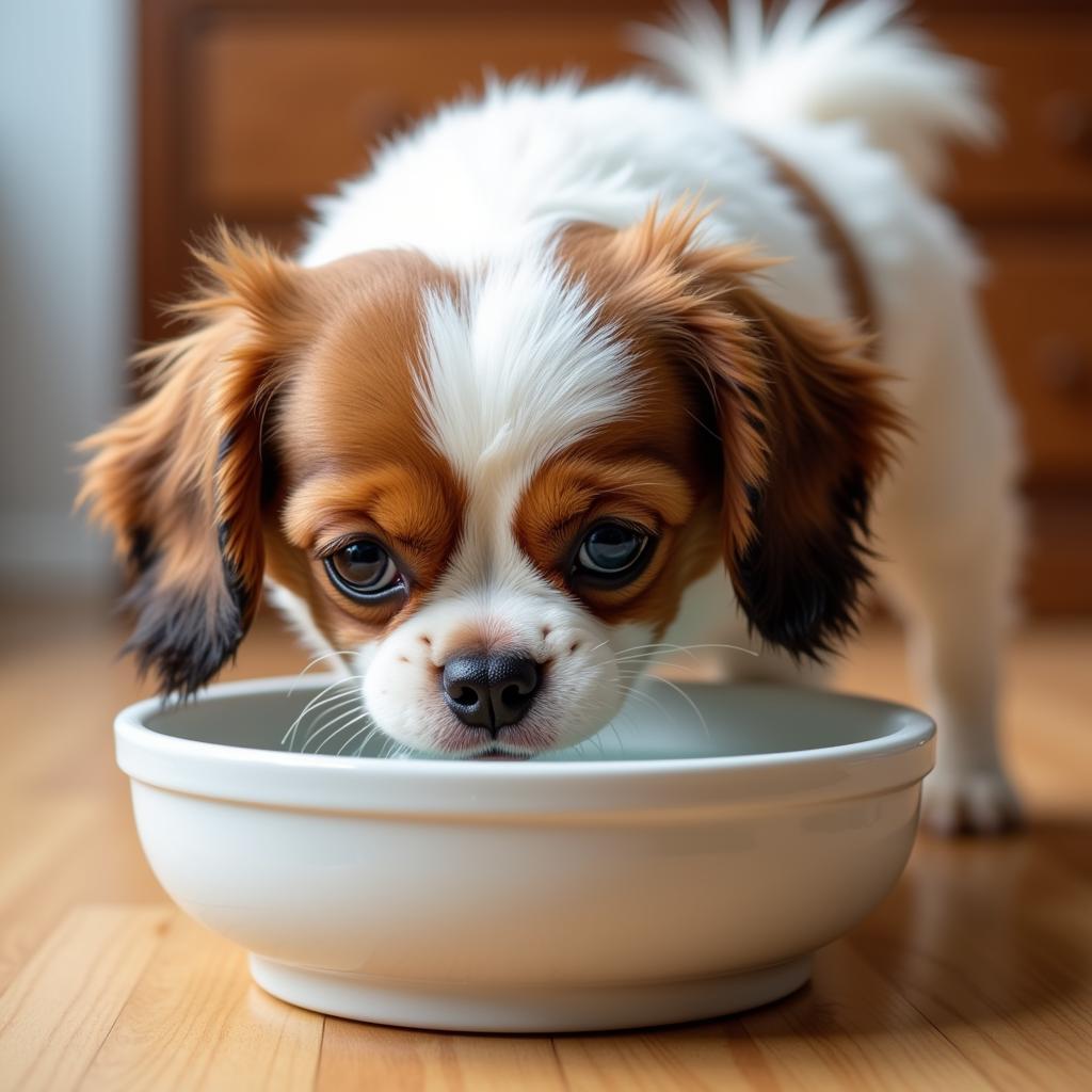 A Japanese Chin drinking water from a bowl.