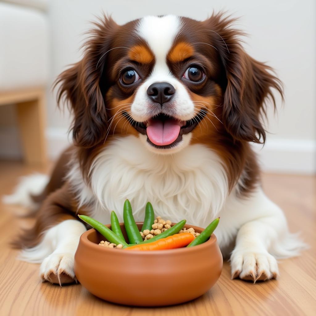 A Japanese Chin enjoying a healthy meal