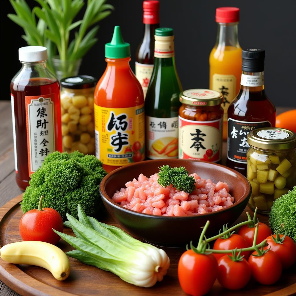 A display of various Japanese ingredients and seasonings at a food expo.