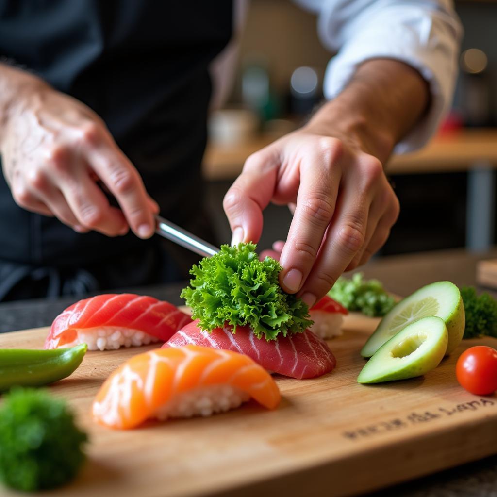 Japanese Restaurant Chef Preparing Sushi