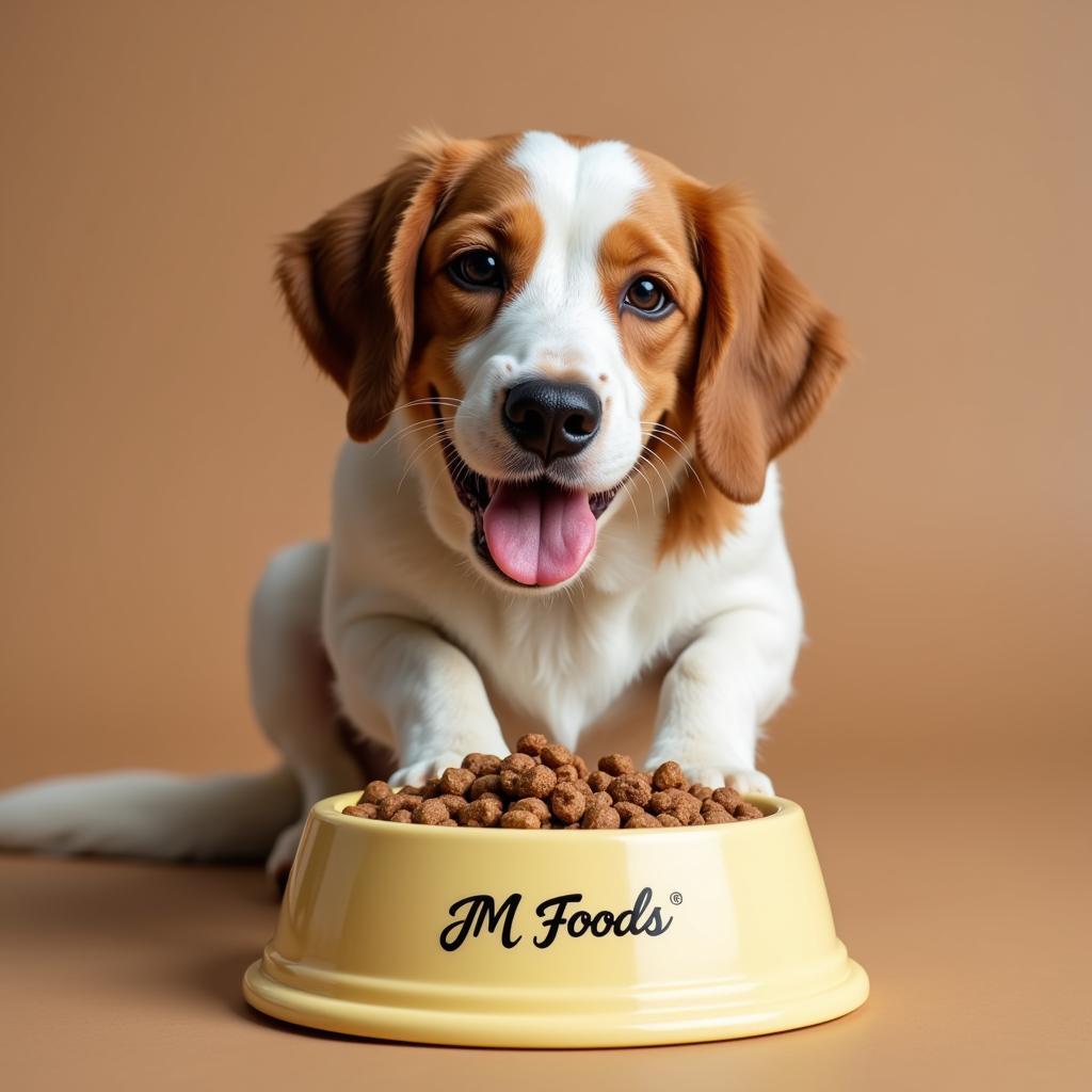 A dog enjoying a bowl of JM brand dog food.