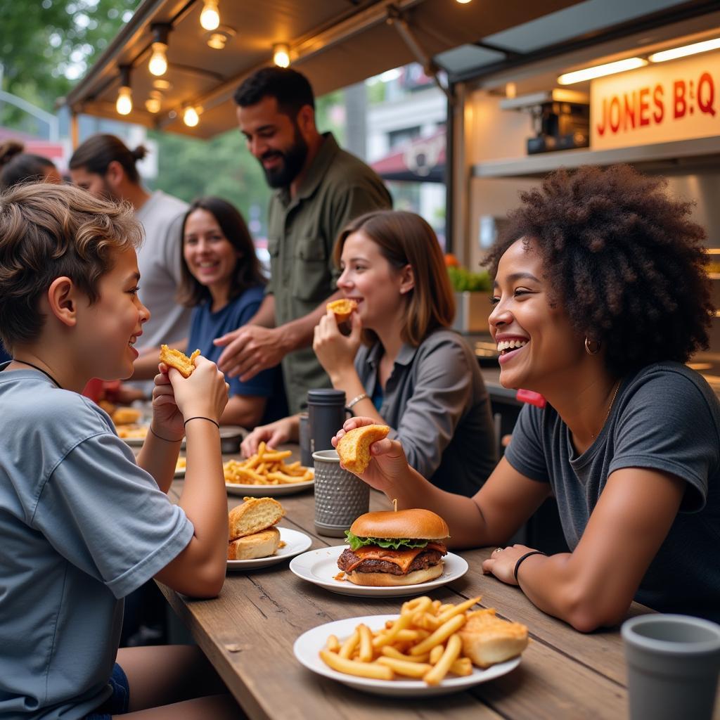 Customers Enjoying Food from Jones BBQ Food Truck