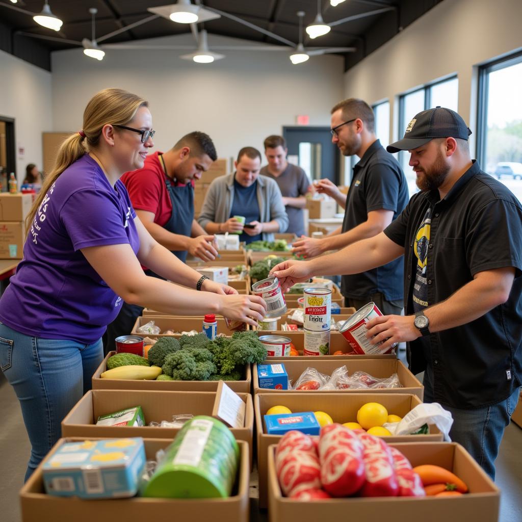 Volunteers sorting food donations at the Joplin food bank