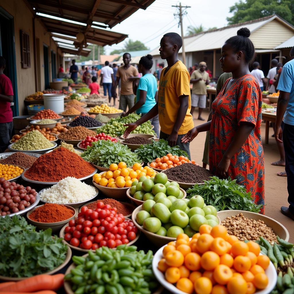 Vibrant Ghanaian market scene with colorful displays of fresh produce and spices