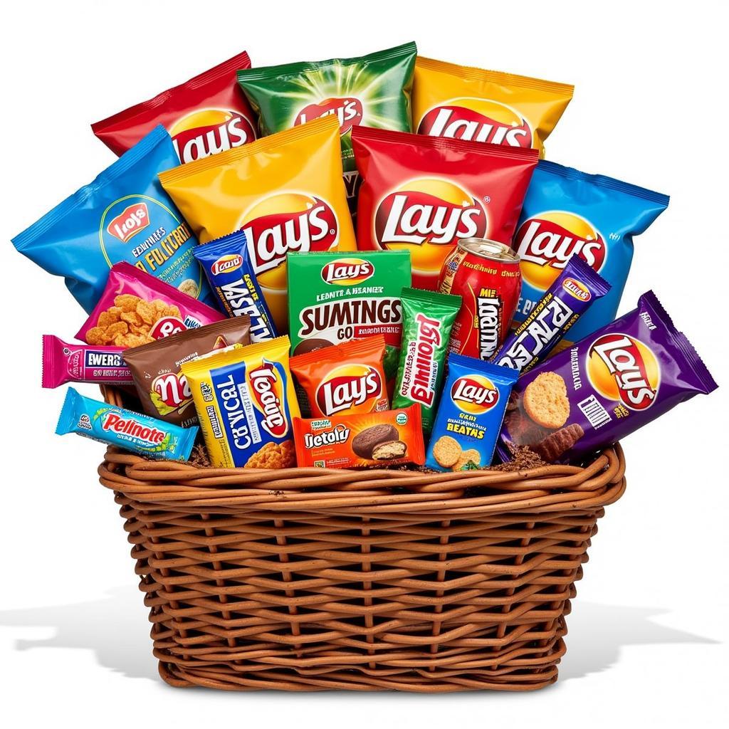 A colorful assortment of junk food in a wicker basket