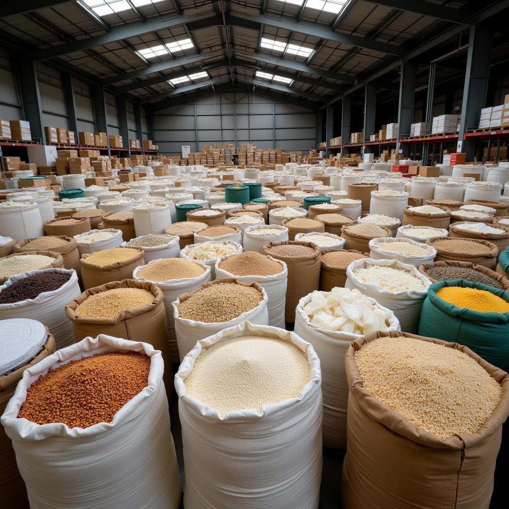 Large sacks of rice, beans, and grains stacked in a warehouse.