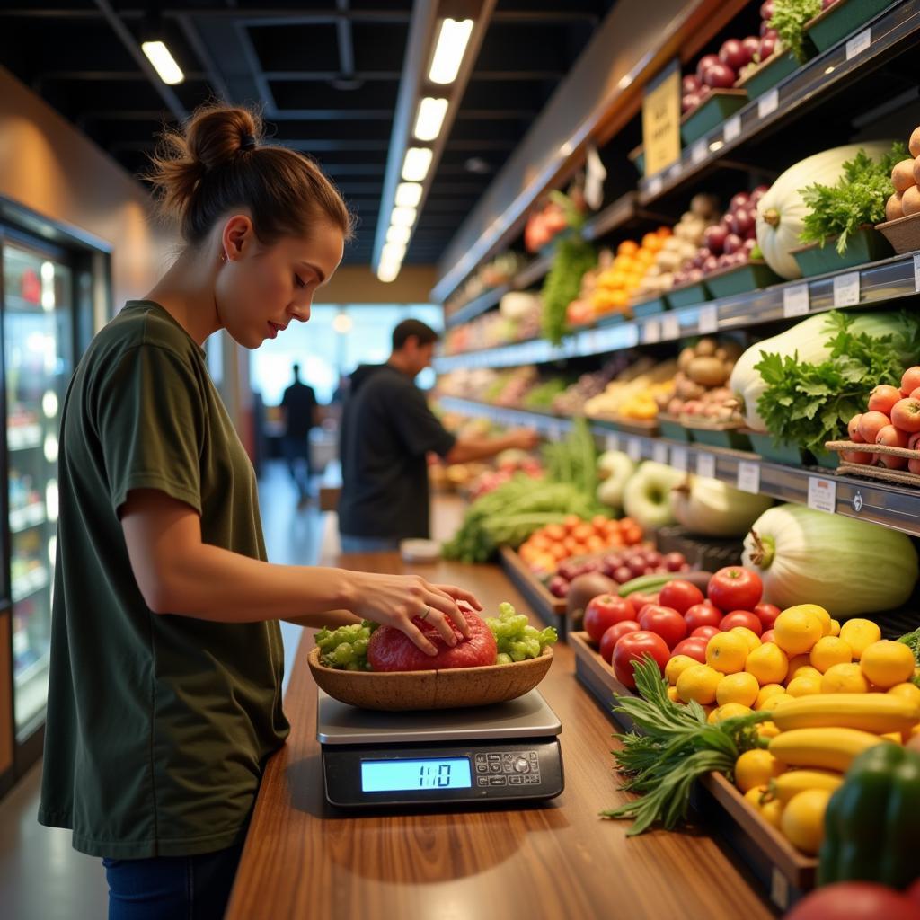 A person carefully selecting produce, weighing it on a scale at a grocery store.