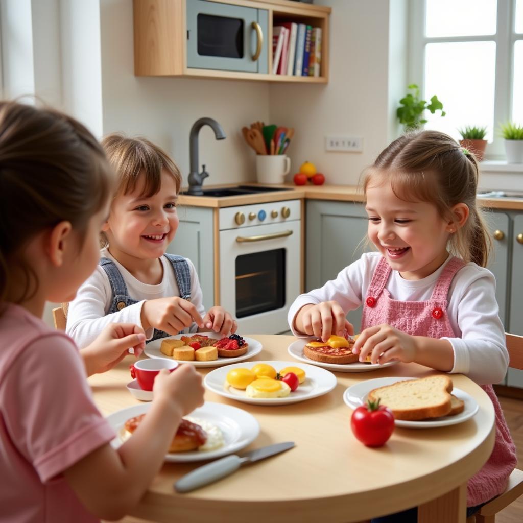 Children Engaging in Pretend Play with Toy Breakfast Food