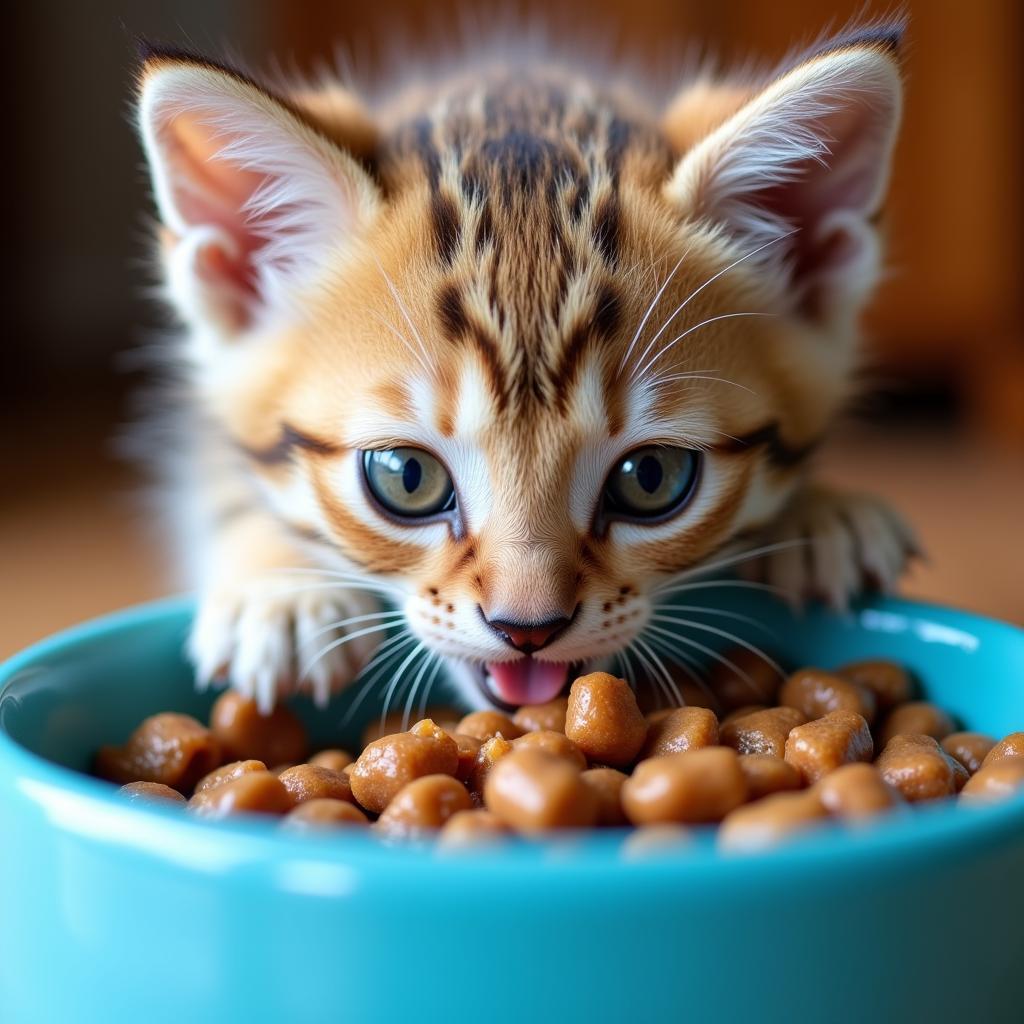 A kitten enjoying a bowl of Merrick wet food.