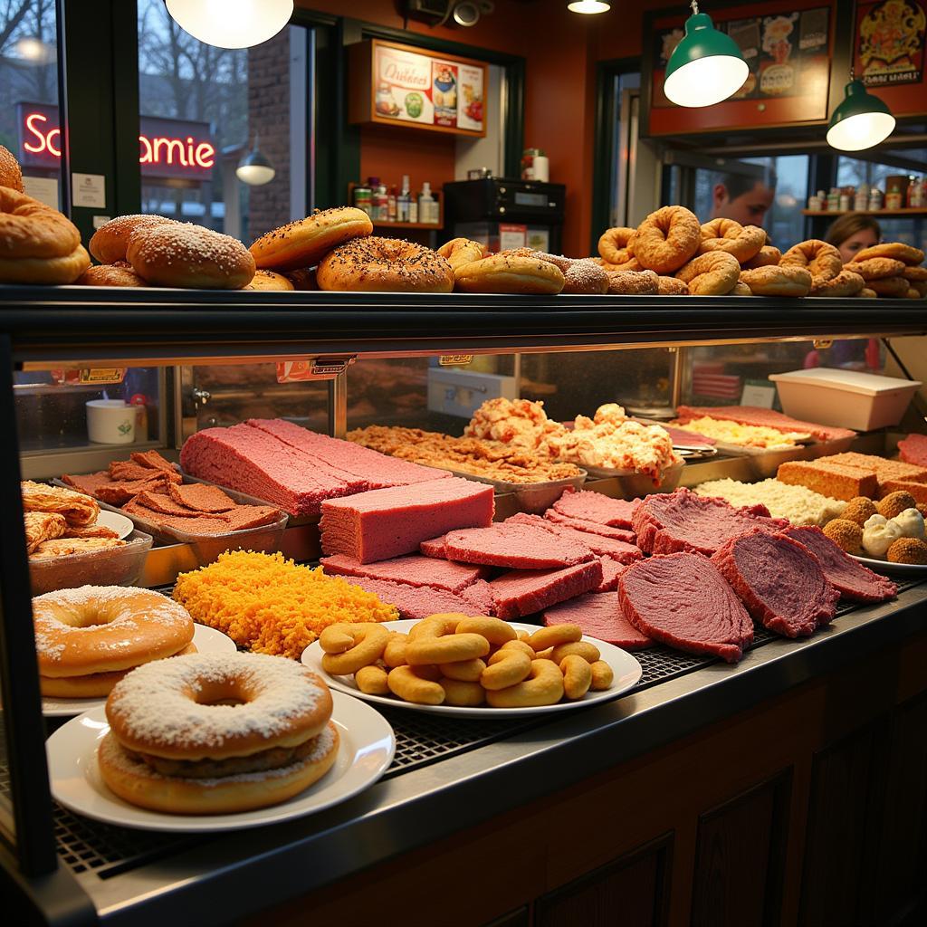 A bustling kosher deli counter filled with a variety of traditional Jewish dishes in Cincinnati