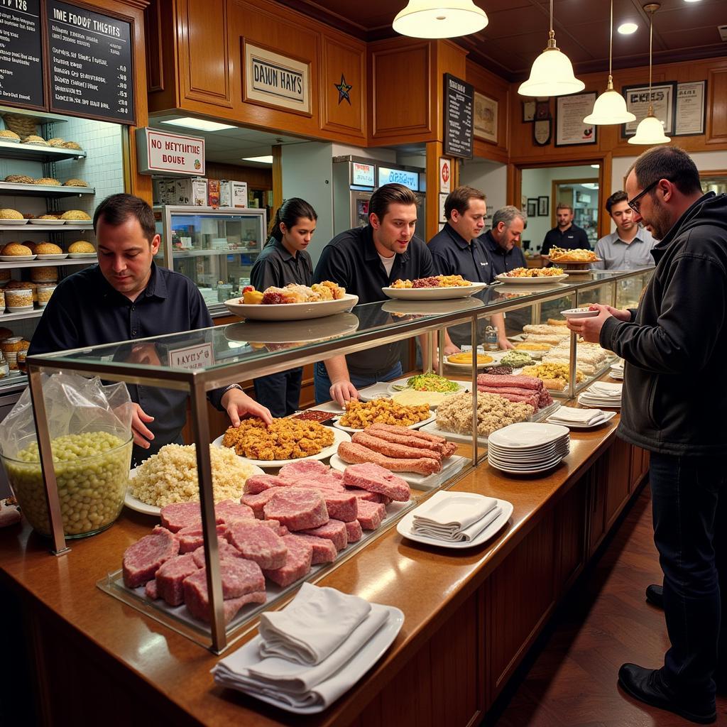 A bustling kosher deli counter in Hartford, CT, filled with a variety of traditional Jewish foods like pastrami, corned beef, and knishes.