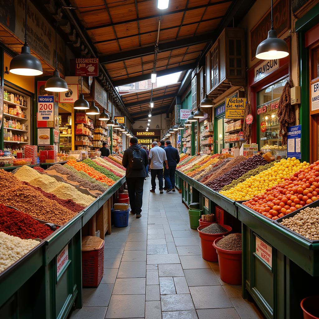 Fresh produce and spices in a Moroccan market, with kosher options available.