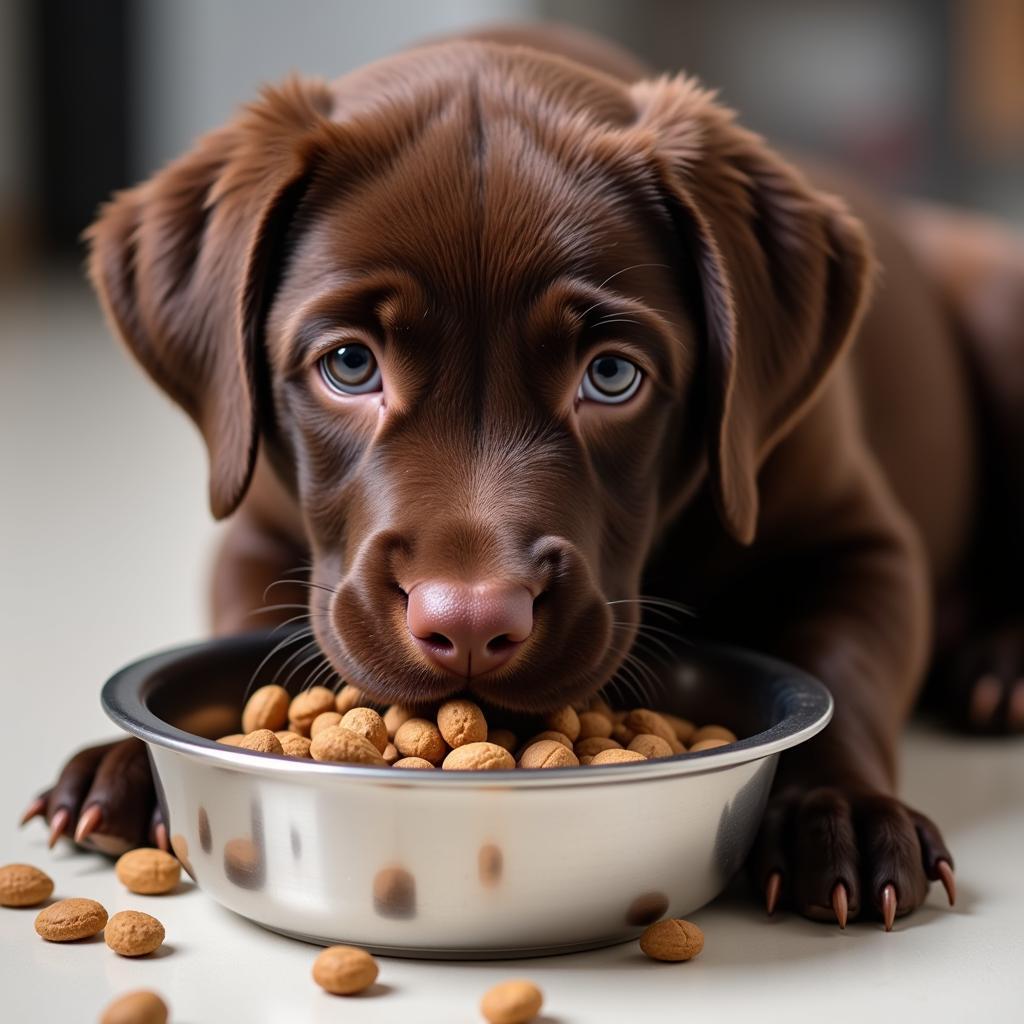 Labrador puppy enjoying a bowl of kibble