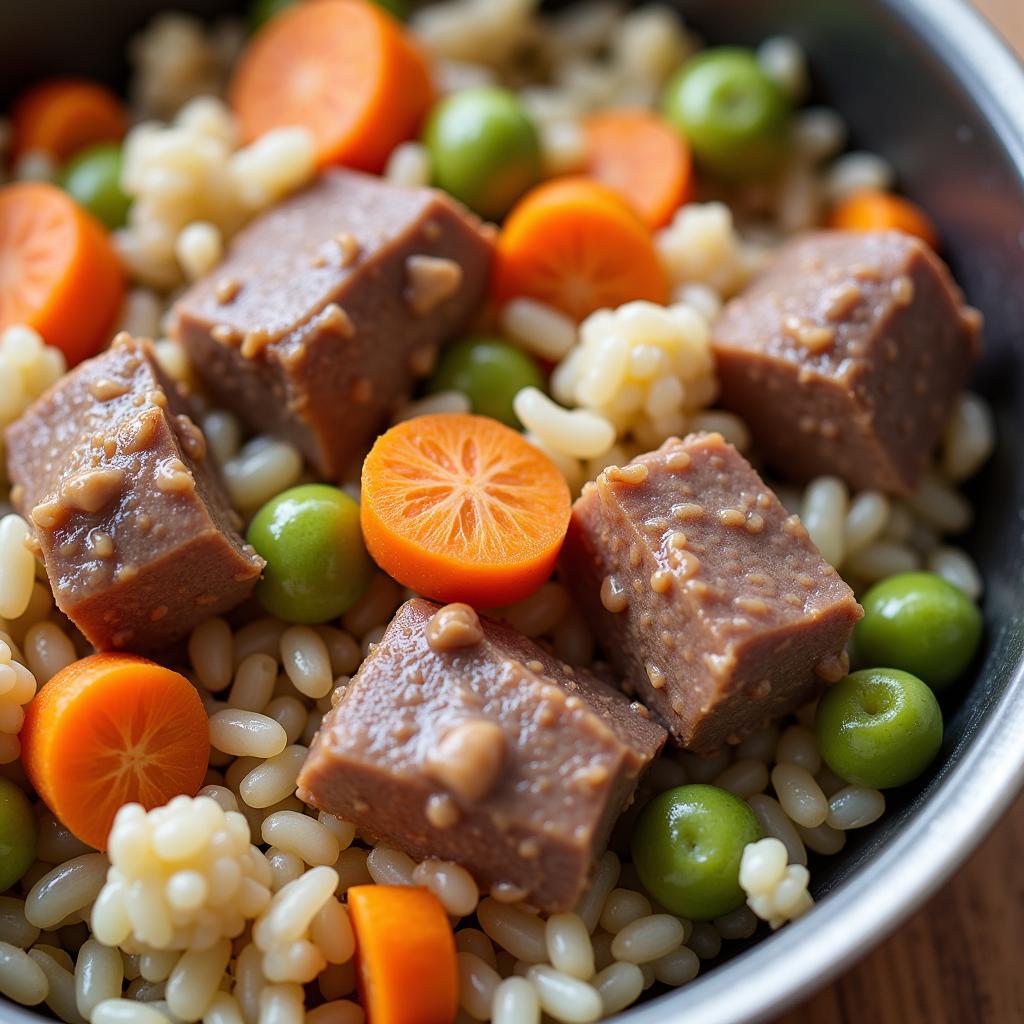 Close-up of lamb and rice dog food ingredients