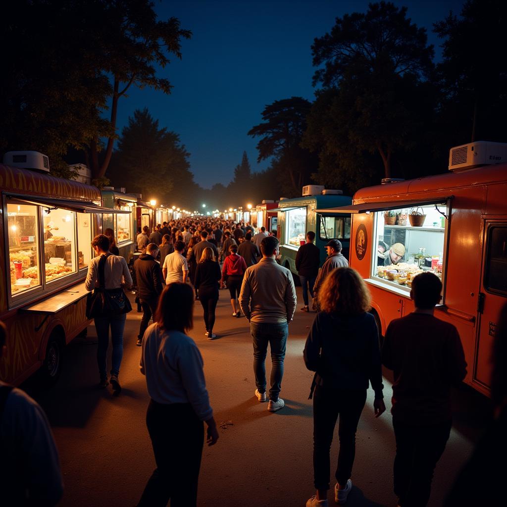 Bustling late night food truck scene with people enjoying various cuisines