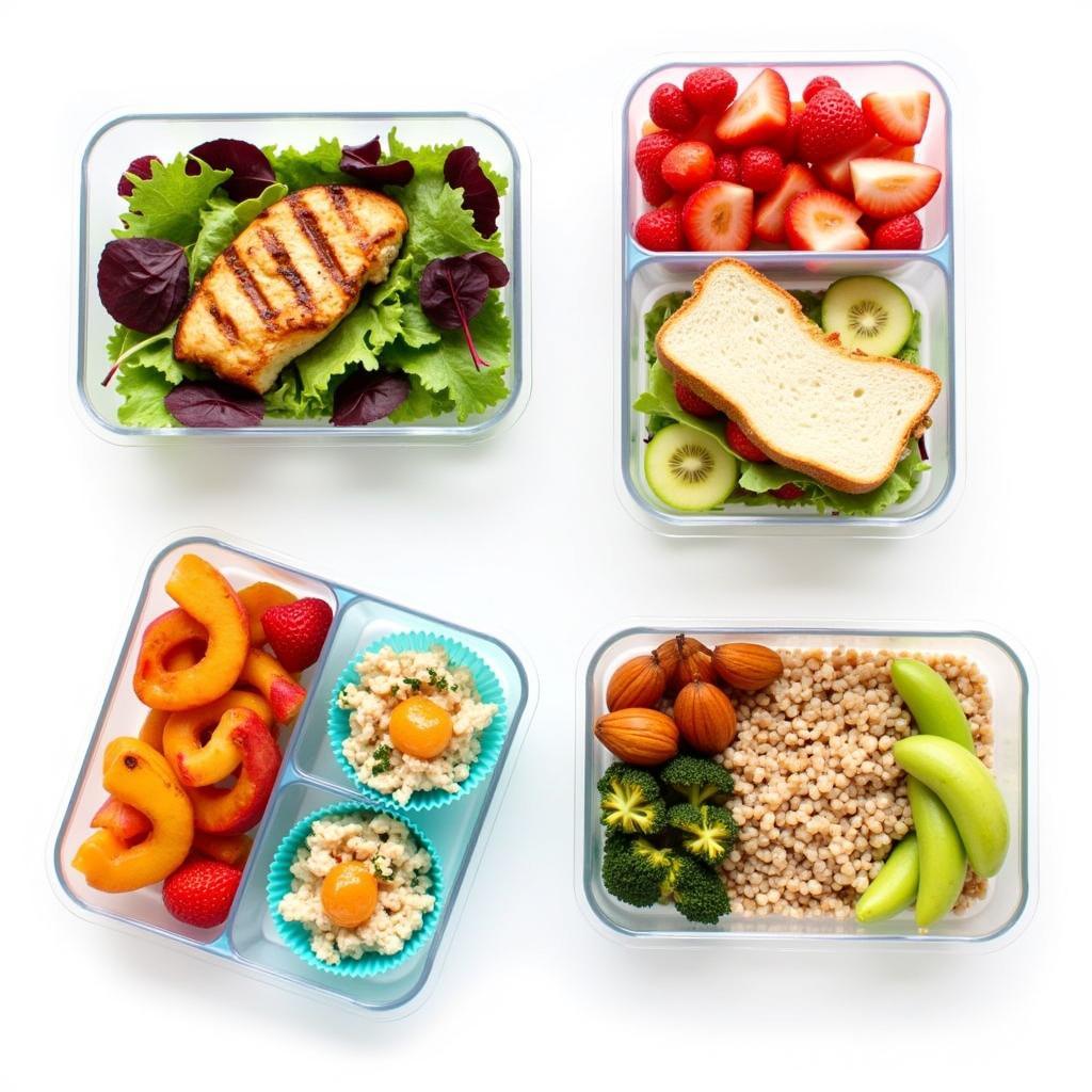 Leakproof multi-compartment food storage containers packed for lunch.