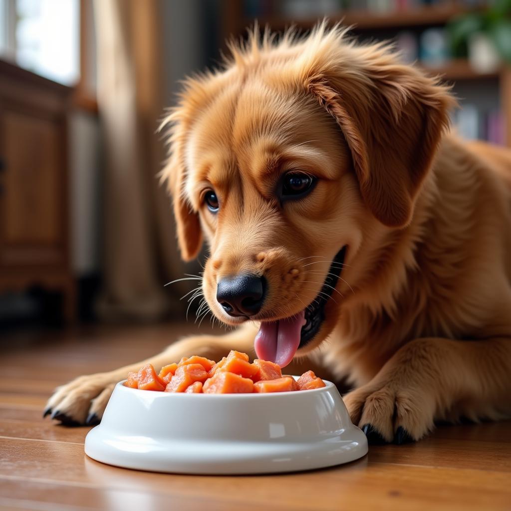 A dog enjoying a bowl of limited ingredient salmon dog food