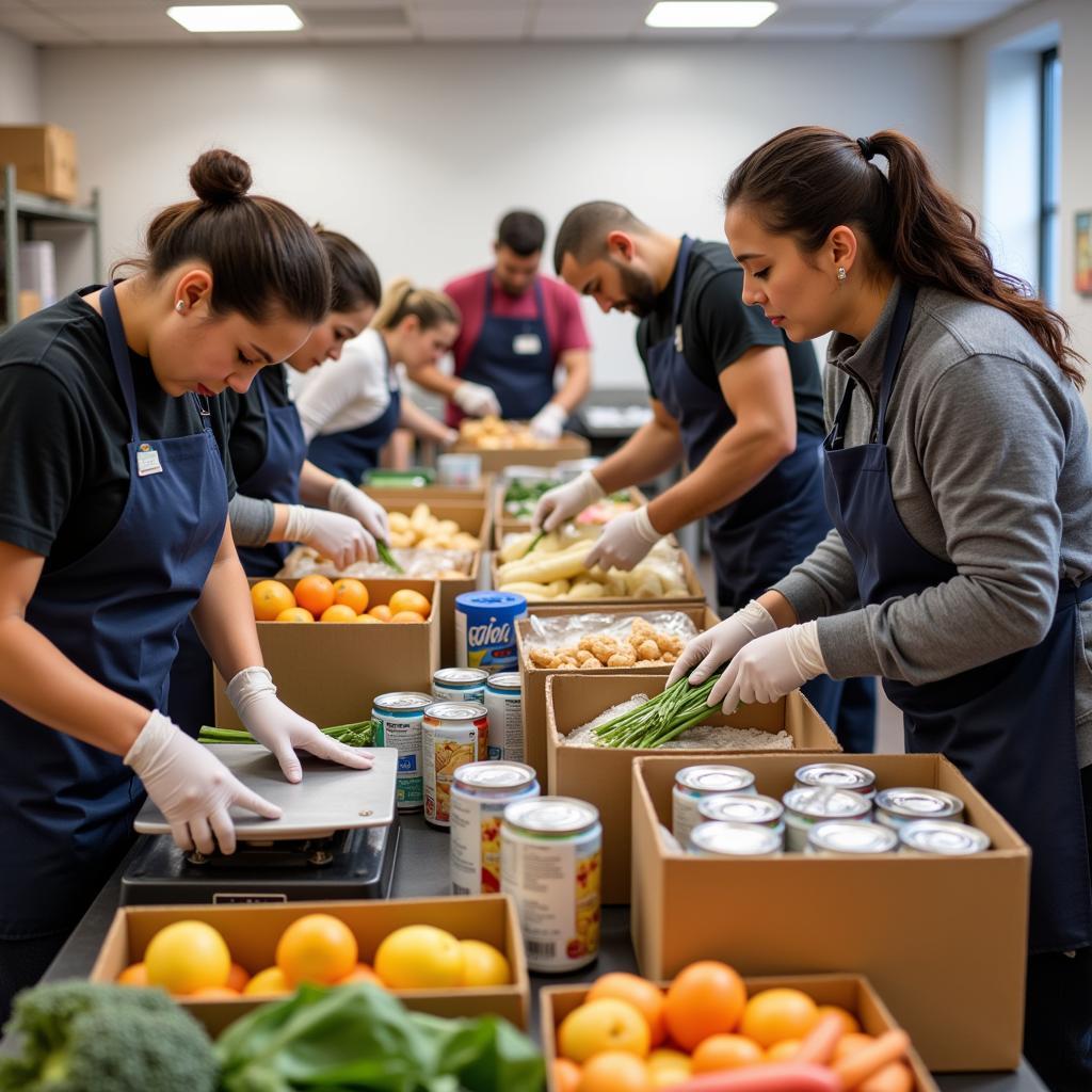 Volunteers sorting and packing food at the living hope food pantry