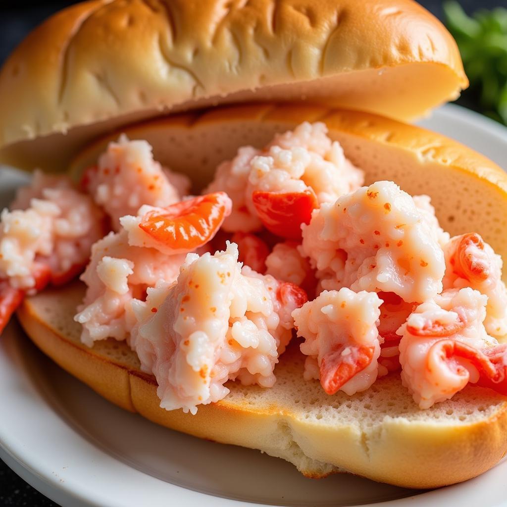 Close-up of a lobster roll, showcasing the fresh lobster meat and toasted bun.