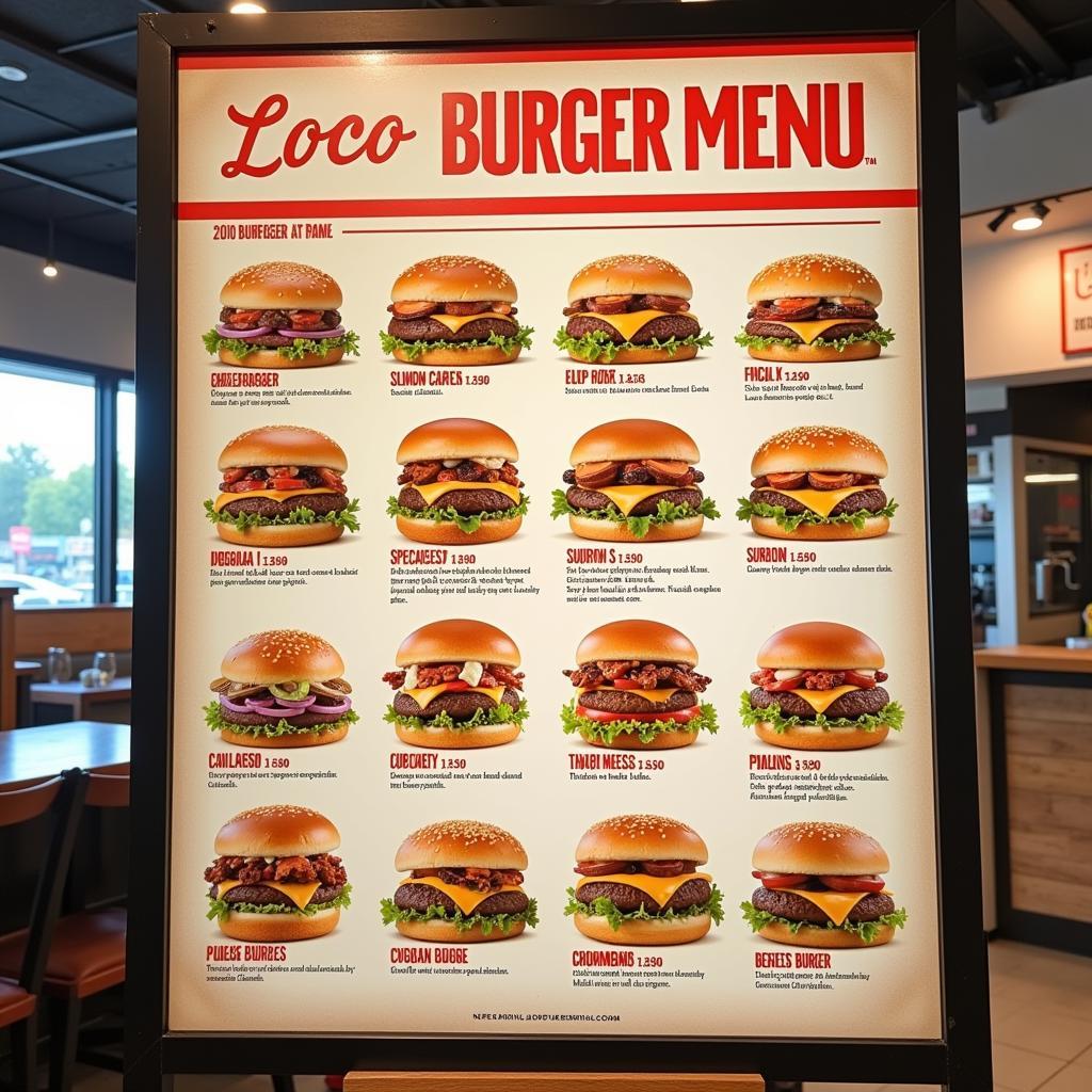 A close-up of the Loco Burger menu showcasing a variety of burger options