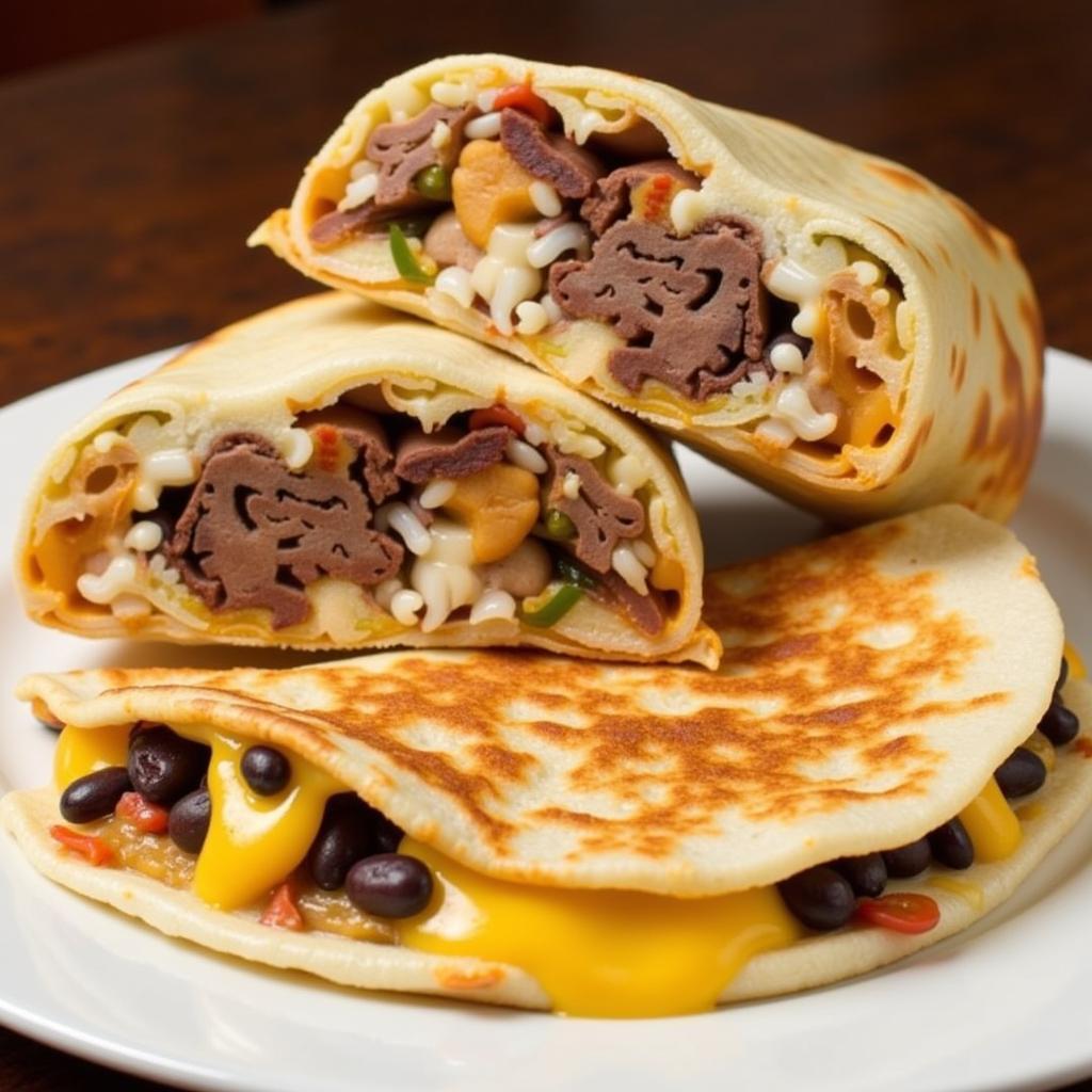 Los Dos Bros Burritos and Quesadillas: A display of a large, overstuffed burrito and a golden-brown quesadilla, both oozing with cheese and fillings.