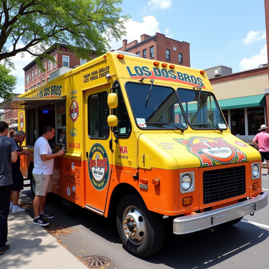 Los Dos Bros Food Truck: A vibrant image of the Los Dos Bros food truck parked at a busy event, with customers lining up to order.