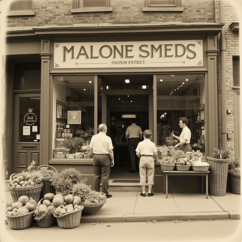 Malone Food Products in its early days, showcasing the original storefront and family members involved in the business.