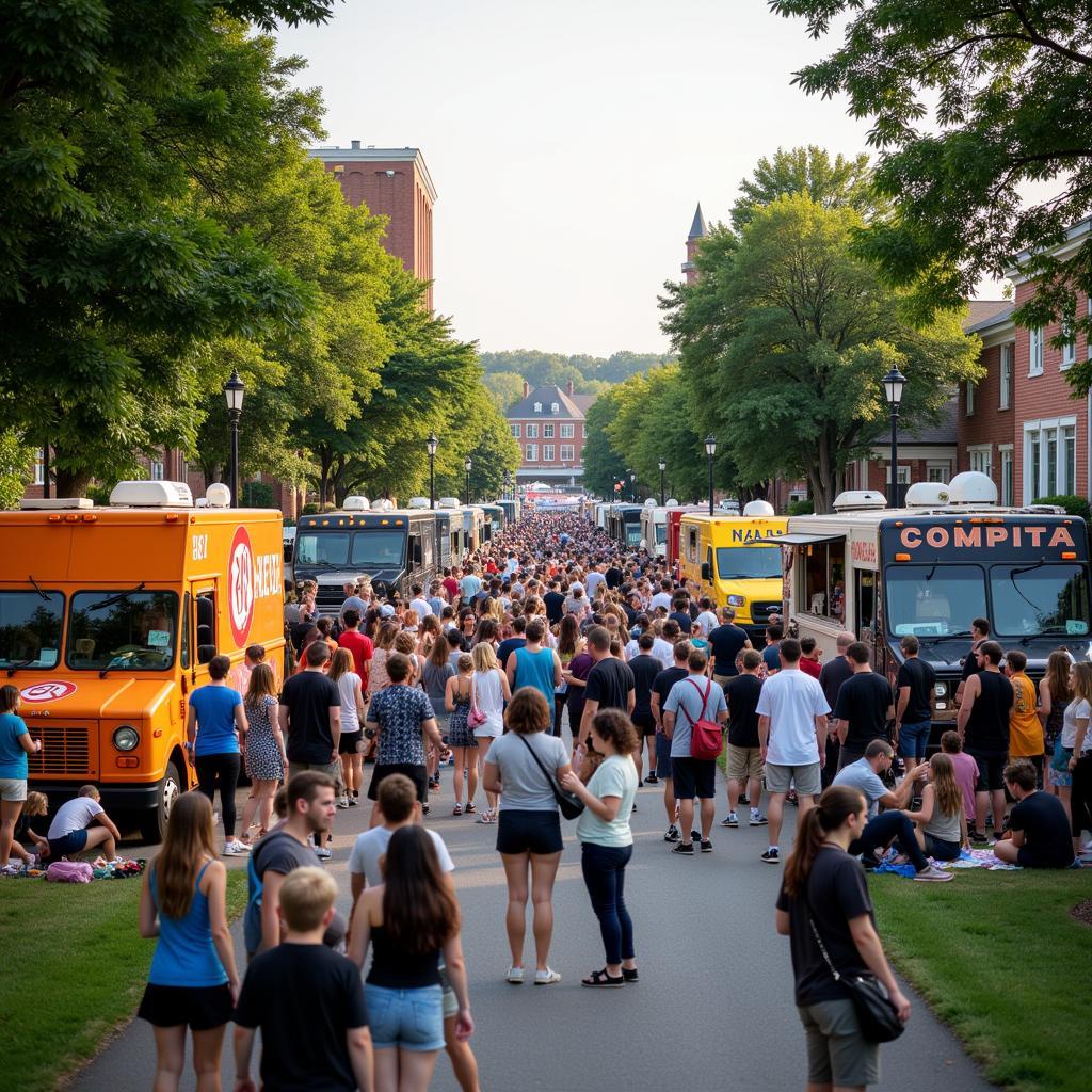 Vibrant food truck scene in Manassas VA at a local event, with crowds gathered around enjoying various cuisines.