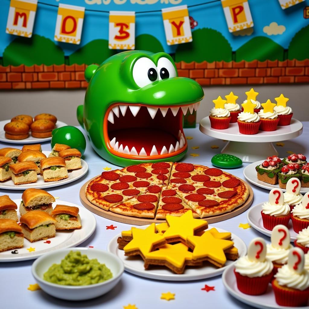 A spread of various Mario themed food, including pizzas, cupcakes, and sandwiches.