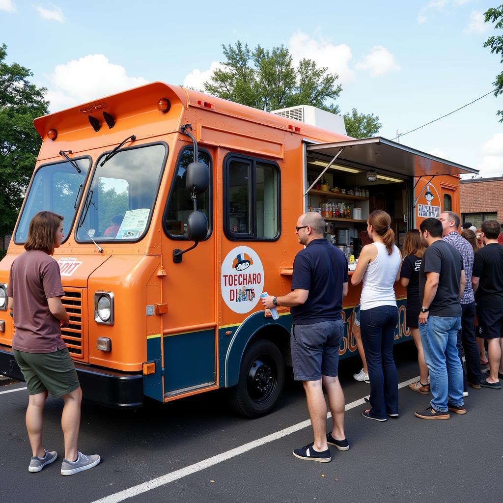 A food truck with vibrant branding and a long line of customers