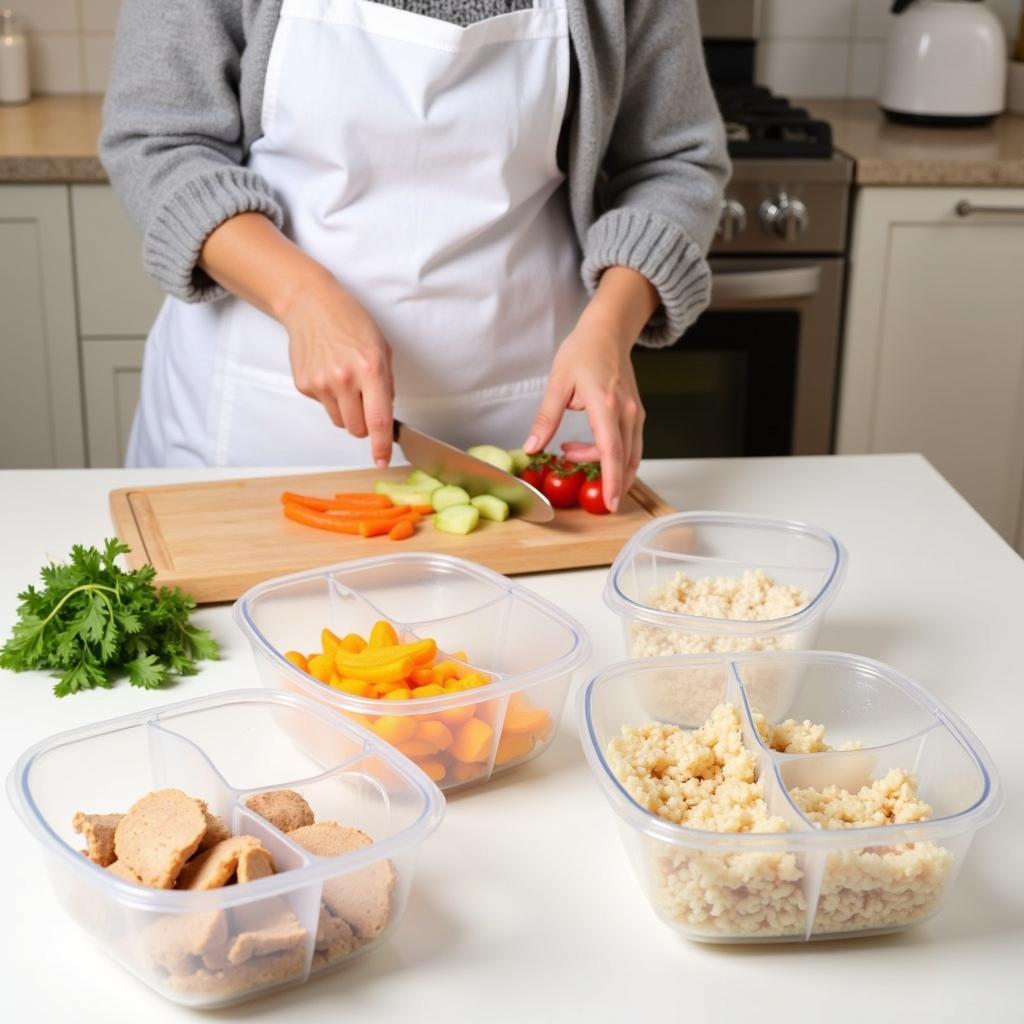 Someone efficiently meal prepping, using a variety of fresh ingredients to fill several three-compartment food storage containers.