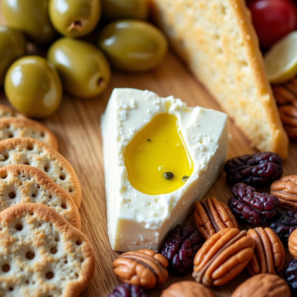 Close-up of various items inside a Mediterranean food gift basket, including olives, cheeses, olive oil, and crackers.