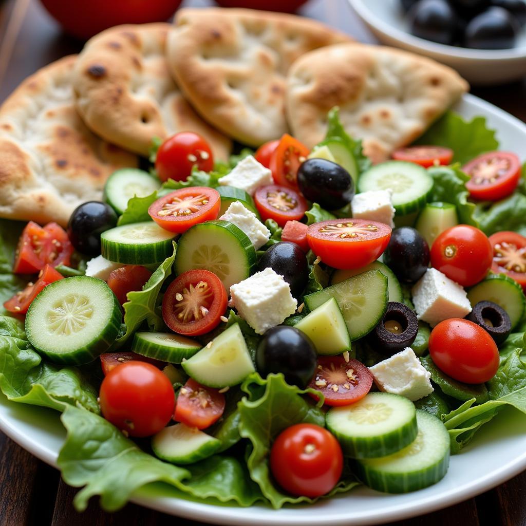 Mediterranean street food salad served with pita bread, featuring fresh cucumbers, tomatoes, olives, and feta cheese.