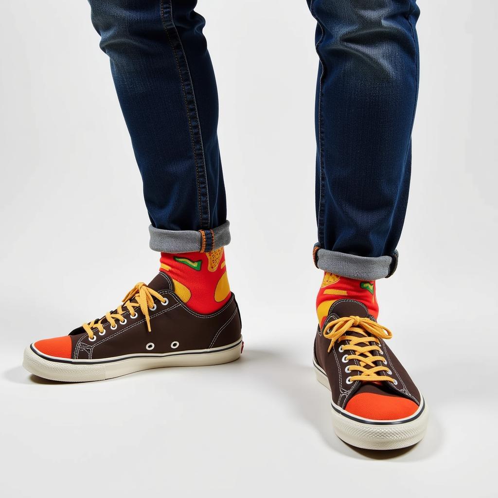 Mens food socks styled for casual wear, paired with jeans and sneakers.