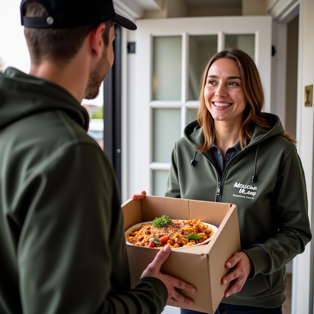 A delivery driver delivering a package of Mexican food to a customer's doorstep