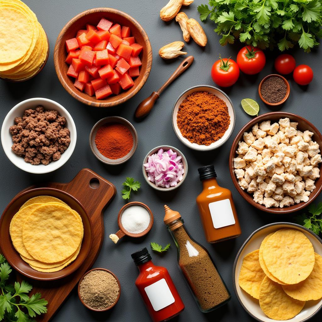 A table spread with all the ingredients needed to prepare a Mexican food tray, including various meats, vegetables, tortillas, and spices.