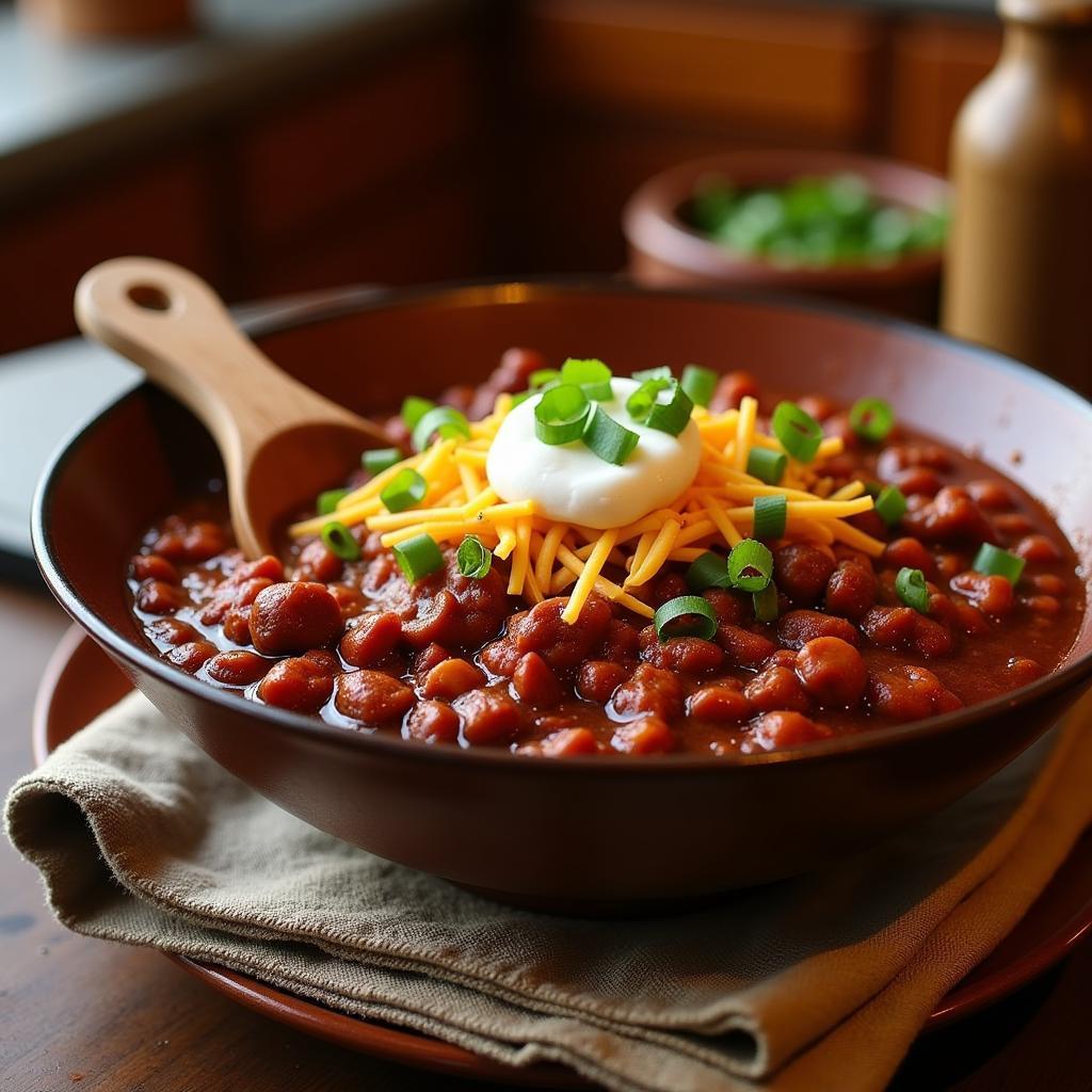 A hearty bowl of chili con carne served with toppings.