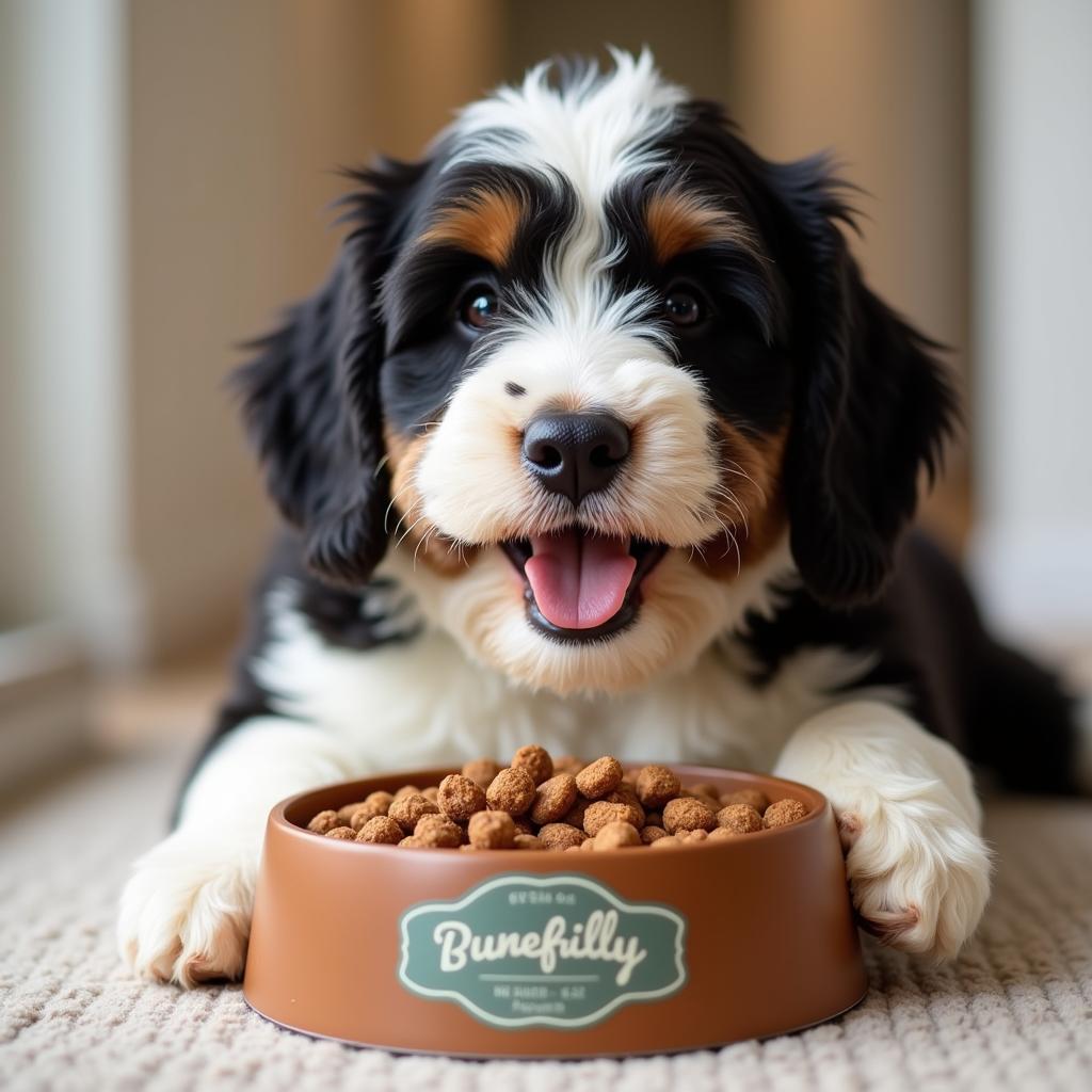 Mini Bernedoodle Enjoying a Meal of High-Quality Kibble