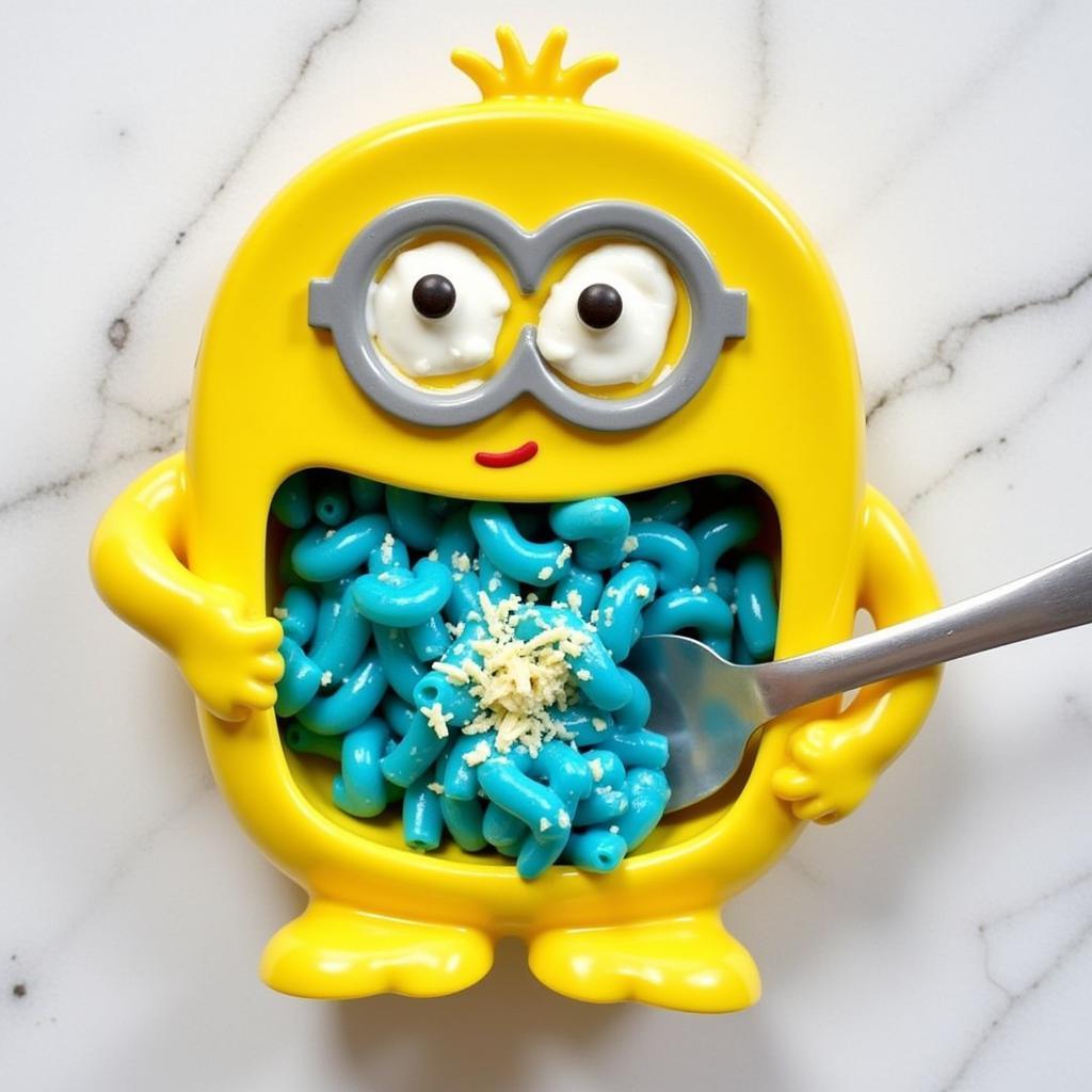 A close-up of blue macaroni and cheese served in a minion-shaped bowl.