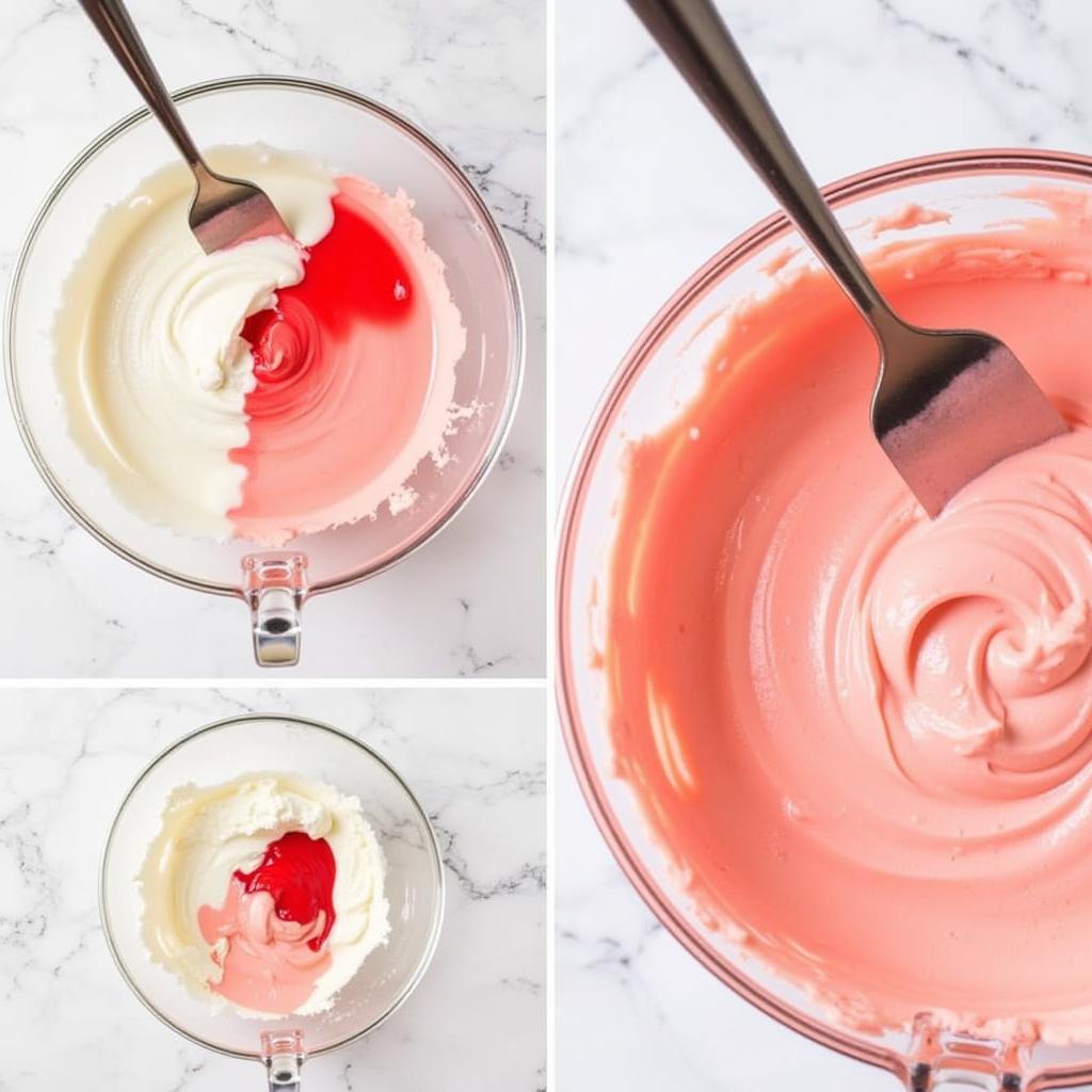 Mixing gel-based dark red food coloring into frosting to achieve the perfect shade.