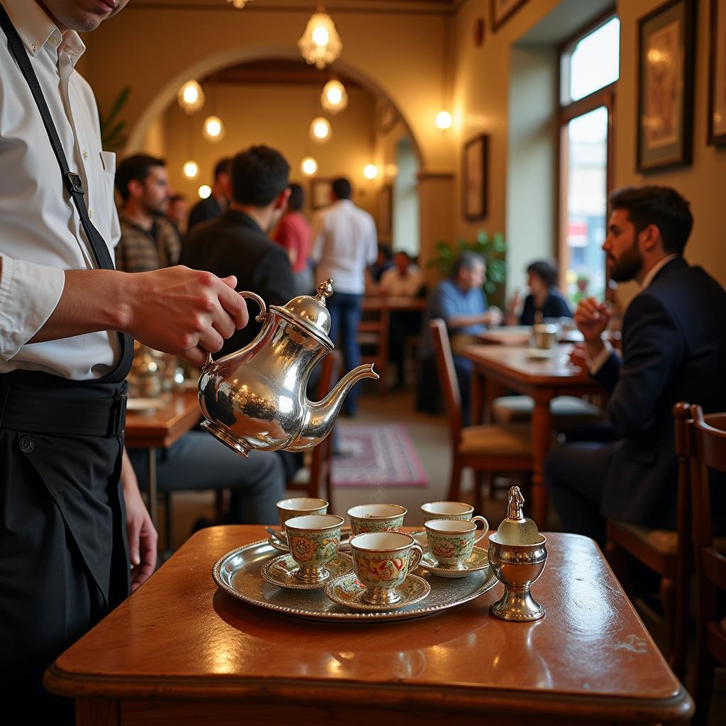 Traditional Moroccan mint tea being poured in a Casablanca cafe