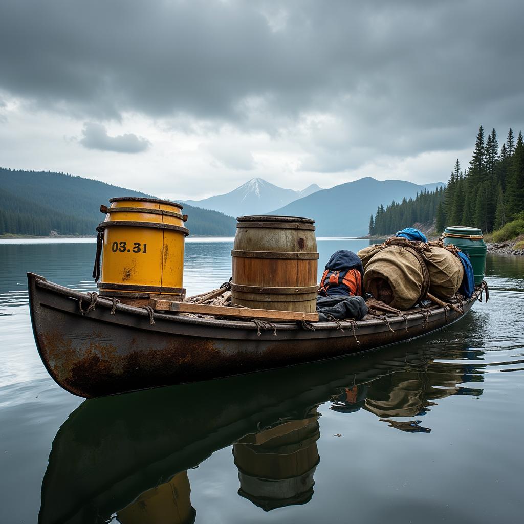 Multiple canoe food barrels secured in a canoe for an extended wilderness trip.