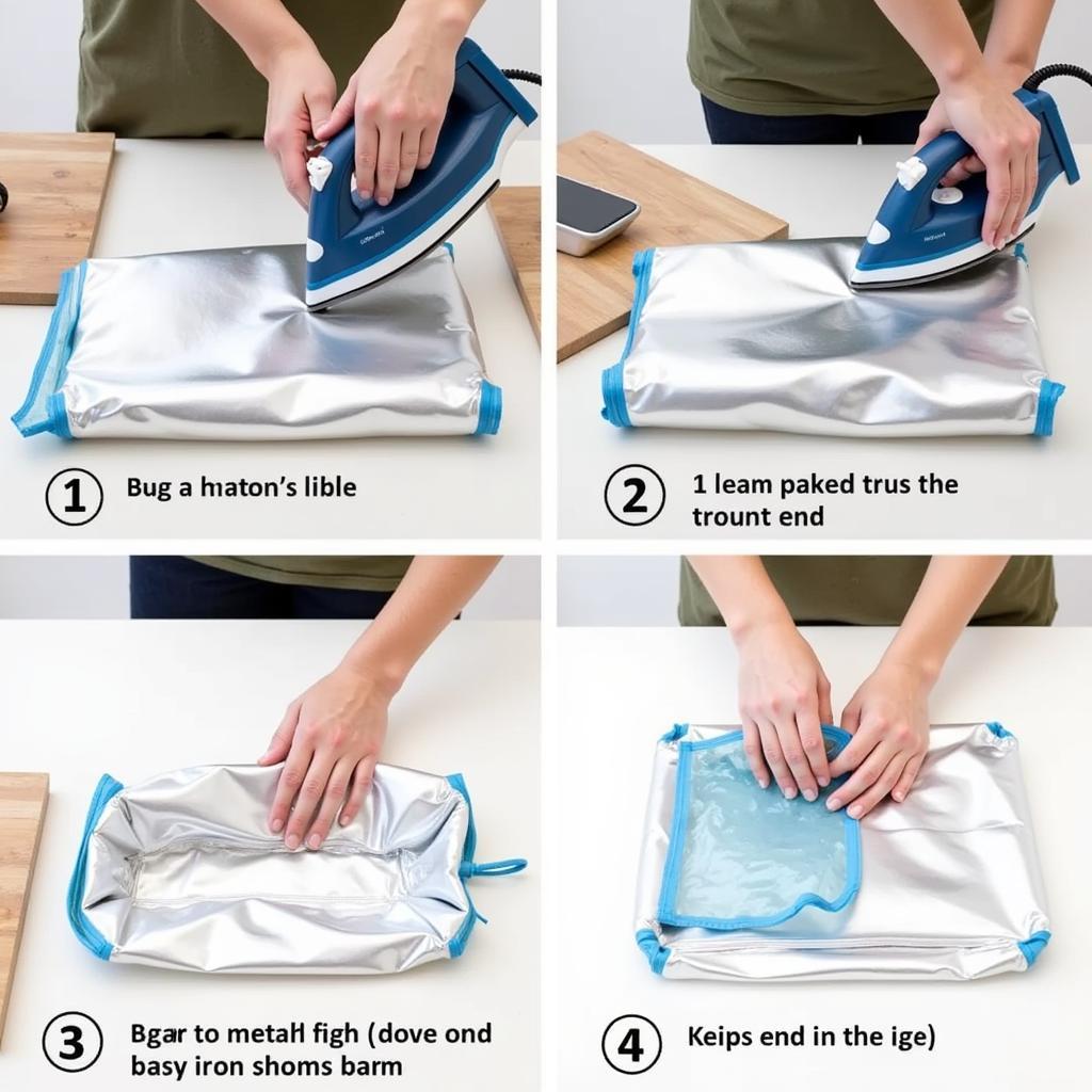 A person using an iron to seal a mylar bag filled with food for long term storage