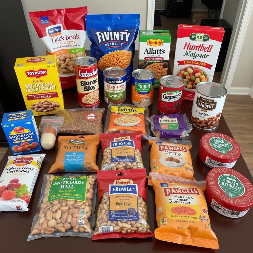 A variety of canned goods, dried foods, and packaged meals arranged on a table.