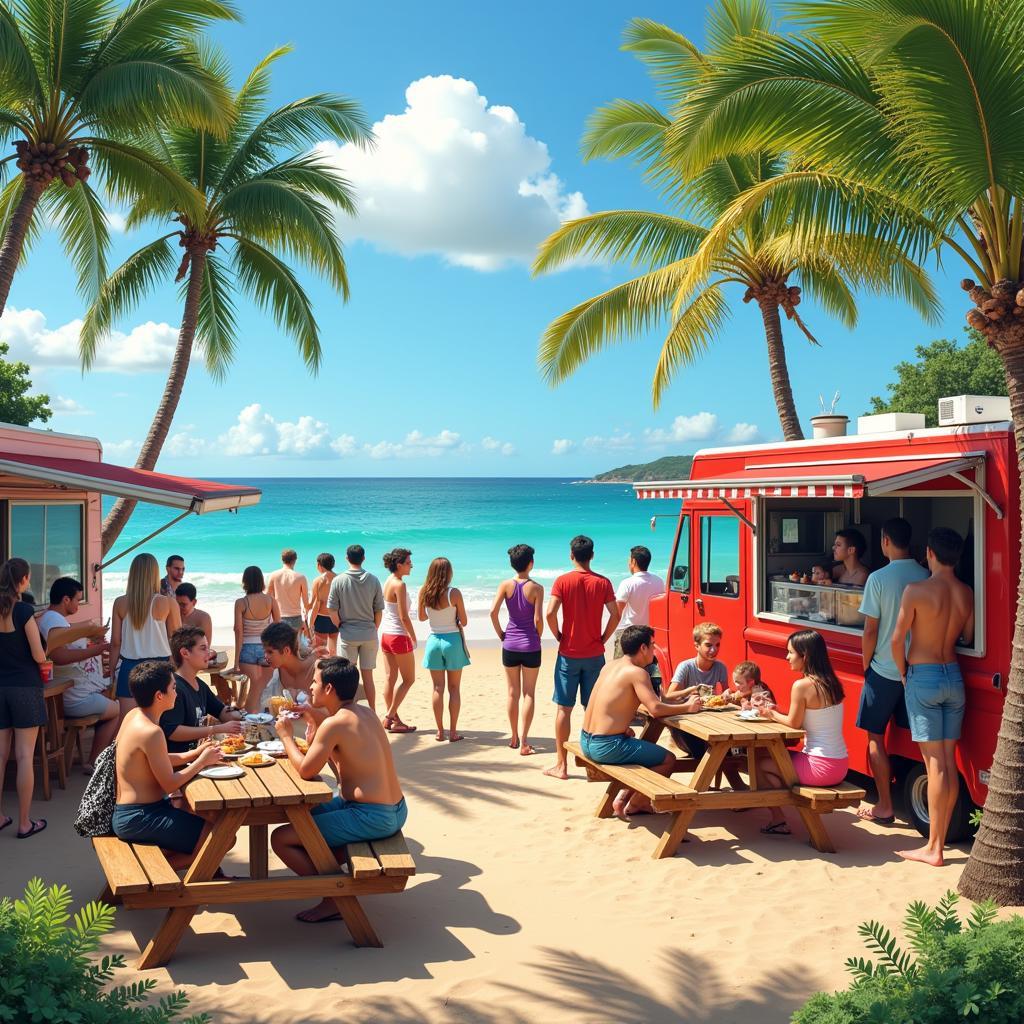 People enjoying food and drinks from food trucks on Oahu's North Shore, with the ocean in the background.