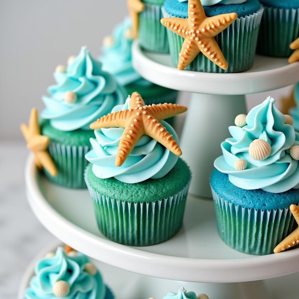 A selection of ocean-themed cupcakes with blue and green frosting, decorated with seashells and edible glitter.