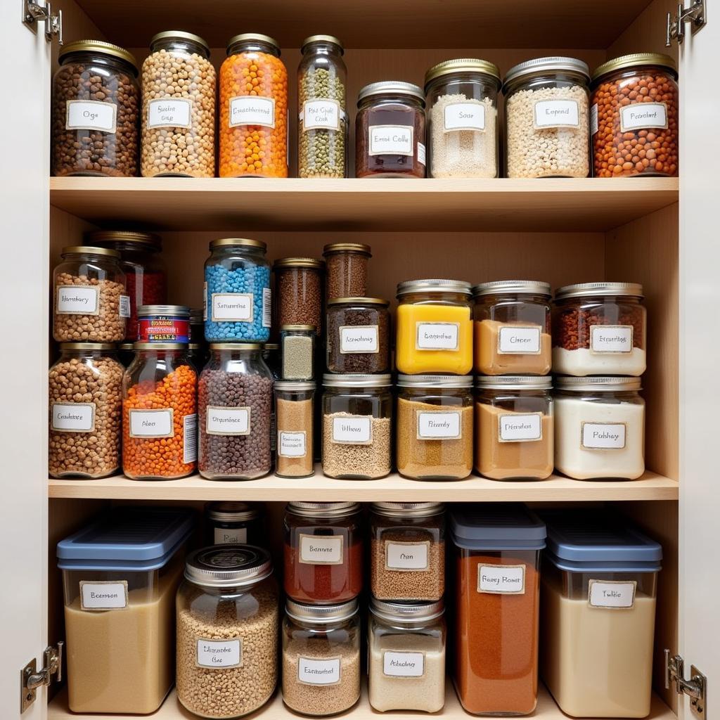 A well-organized pantry stocked with a variety of food items for long-term storage, including canned goods, dried beans, grains, and other non-perishable staples. The image should showcase a clean and efficient pantry layout with clearly labeled containers and shelves.