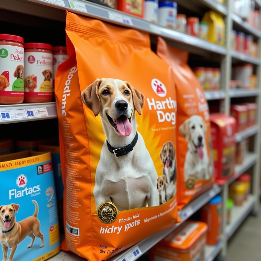 Orange dog food bag displayed prominently on a pet store shelf