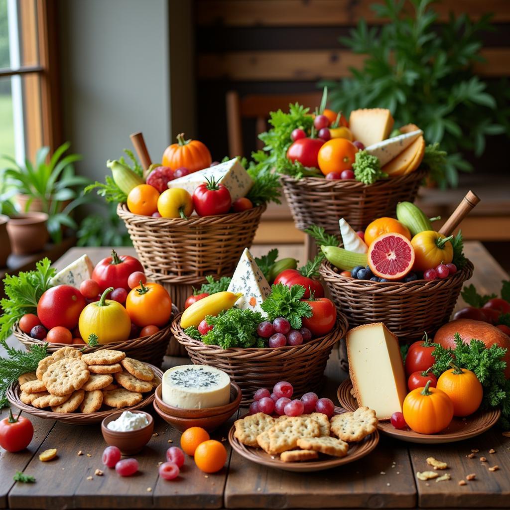 A vibrant display of various organic food gift baskets filled with fresh produce, gourmet snacks, and artisanal treats.