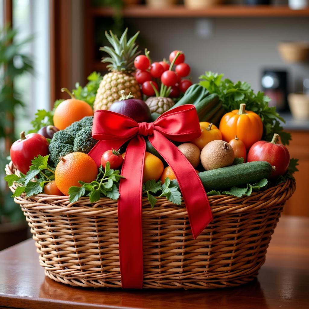 A beautifully presented organic food gift basket adorned with a festive ribbon, ready for gifting.